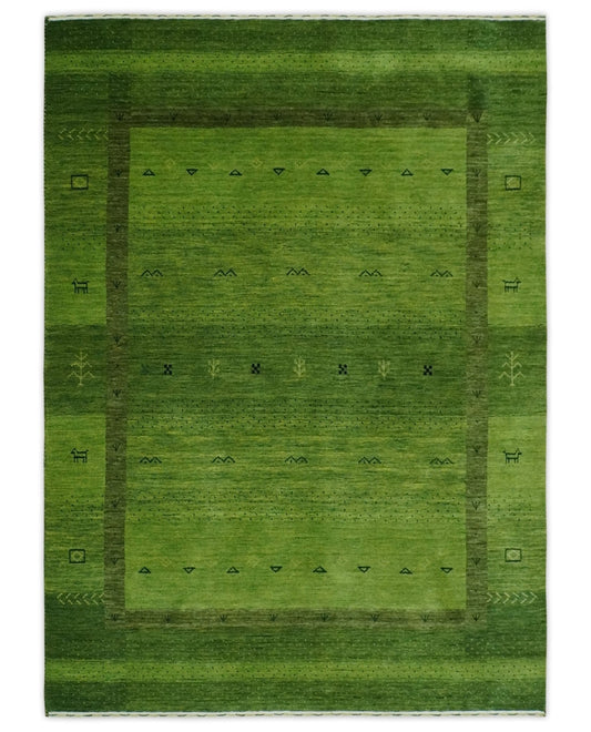 Geometrical Stripes Design Green Hand loom Multi Size wool Area Rug.