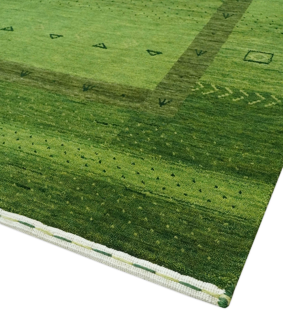 Geometrical Stripes Design Green Hand loom Multi Size wool Area Rug.