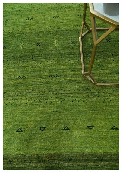 Geometrical Stripes Design Green Hand loom Multi Size wool Area Rug.