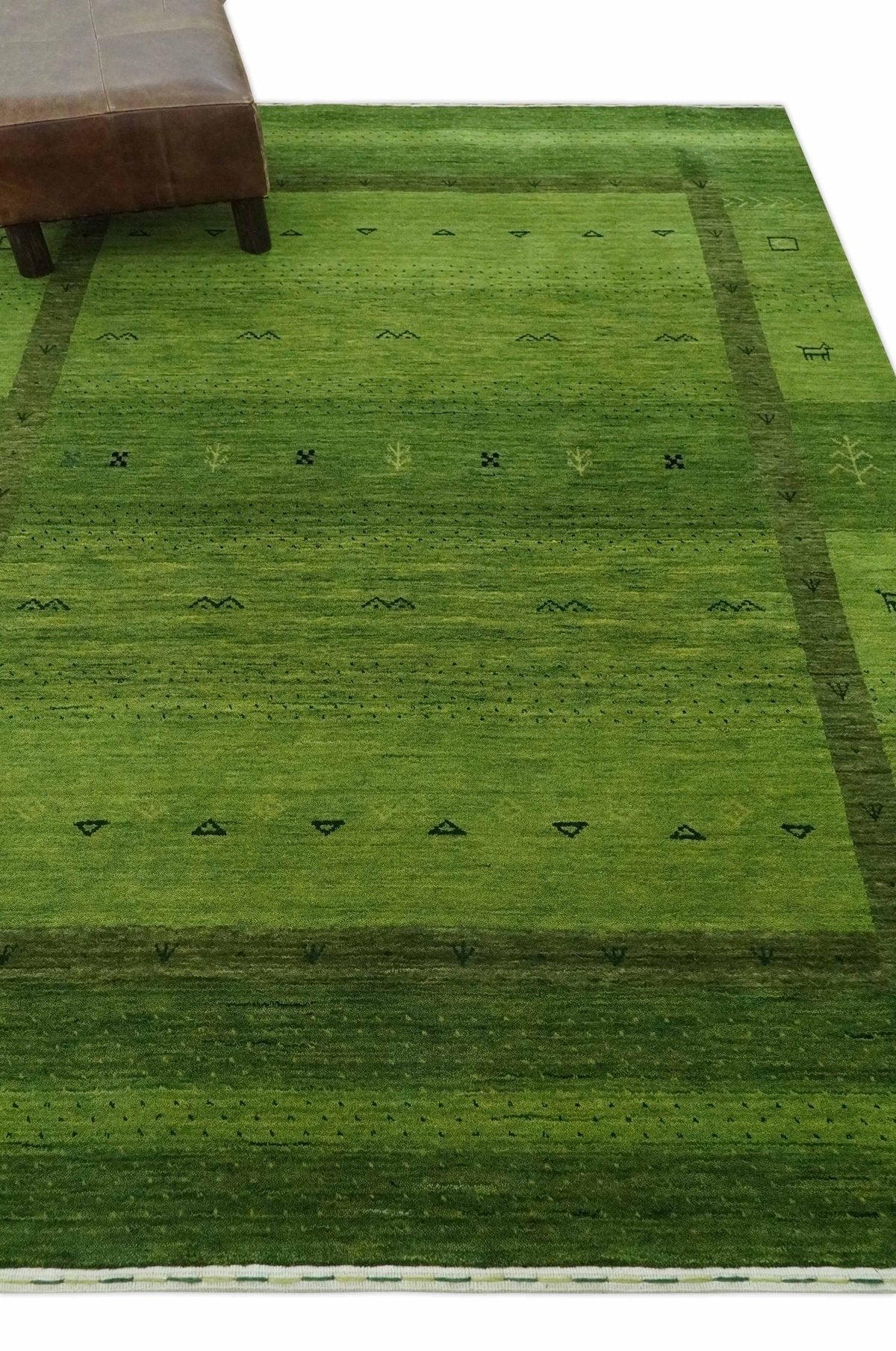 Geometrical Stripes Design Green Hand loom Multi Size wool Area Rug.