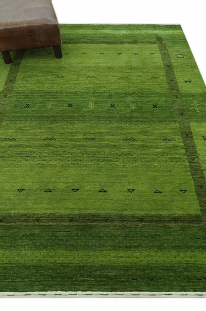 Geometrical Stripes Design Green Hand loom Multi Size wool Area Rug.