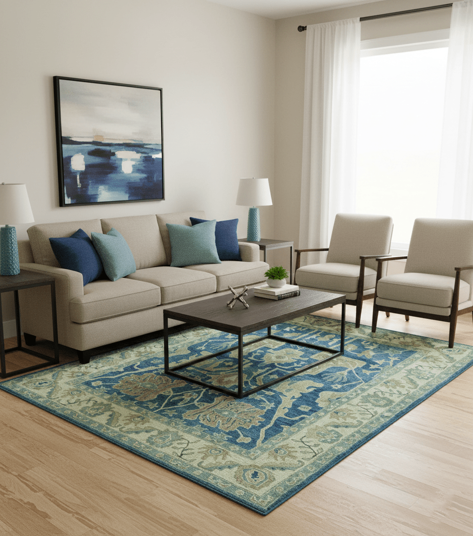 Georgia Custom Made Traditional Blue And Beige Hand Tufted Wool Rug.