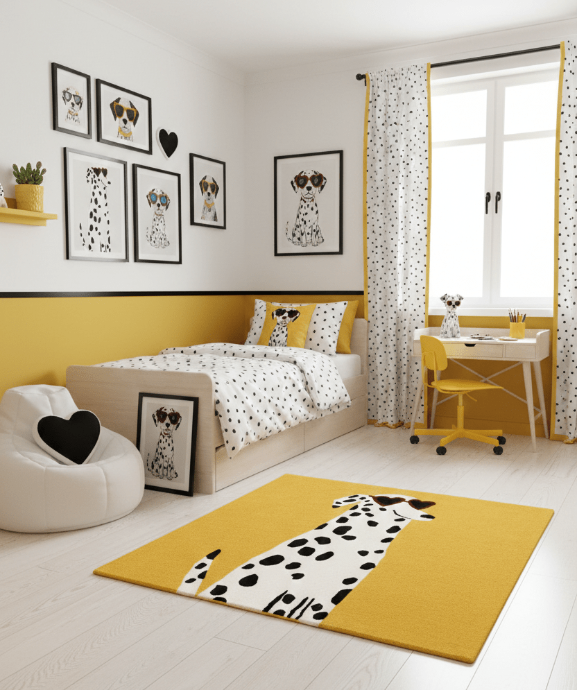 Gold And Black Shady Dalmatian Hand Tufted 4x4 Wool Rug.