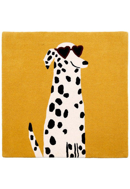 Gold And Black Shady Dalmatian Hand Tufted 4x4 Wool Rug.
