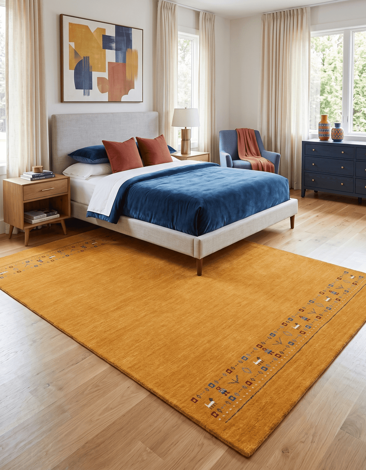 Gold And Blue Modern Design Hand Loomed Wool Area Rug.