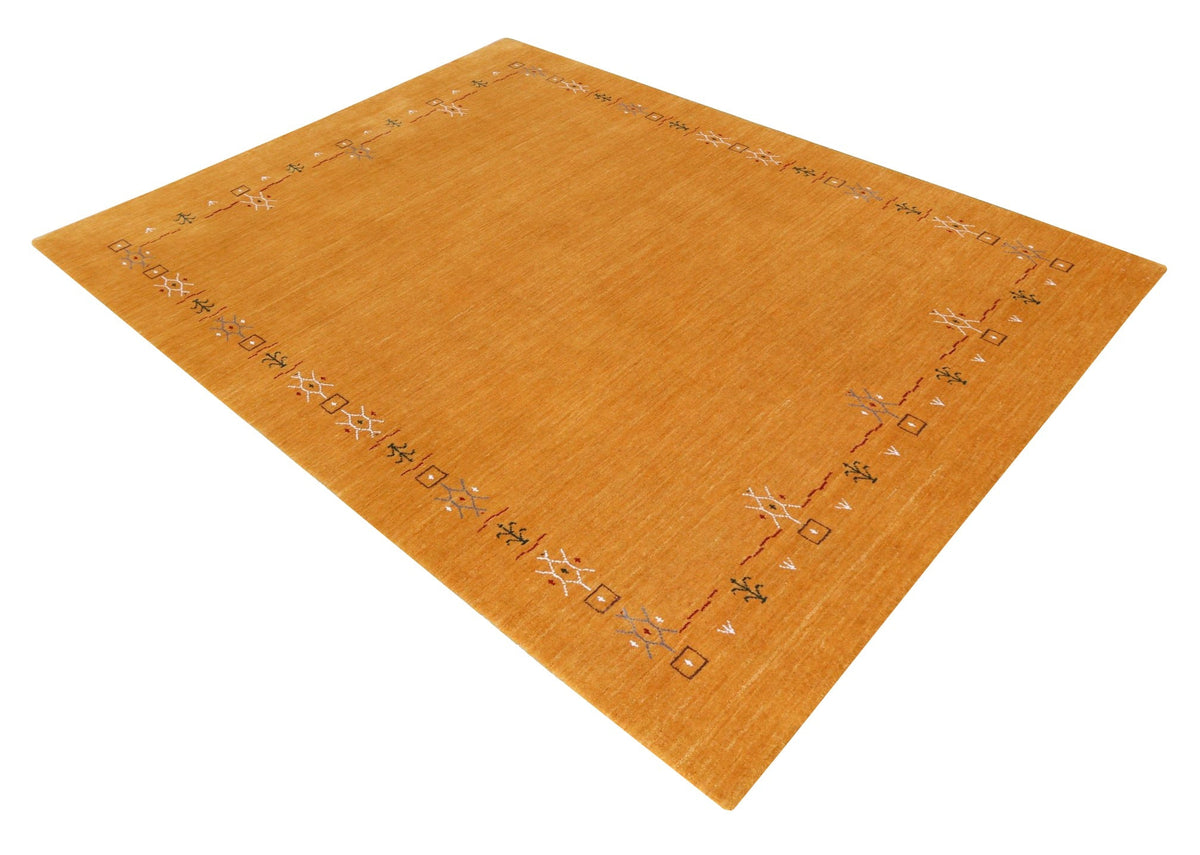 Gold Contemporary Gabbeh Border Design Hand Loomed Wool Area Rug.