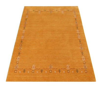 Gold Contemporary Gabbeh Border Design Hand Loomed Wool Area Rug.
