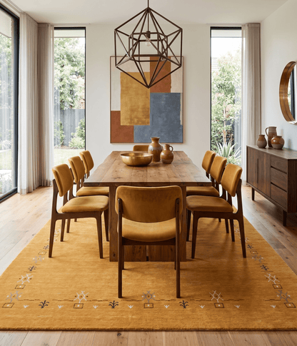Gold Contemporary Gabbeh Border Design Hand Loomed Wool Area Rug.