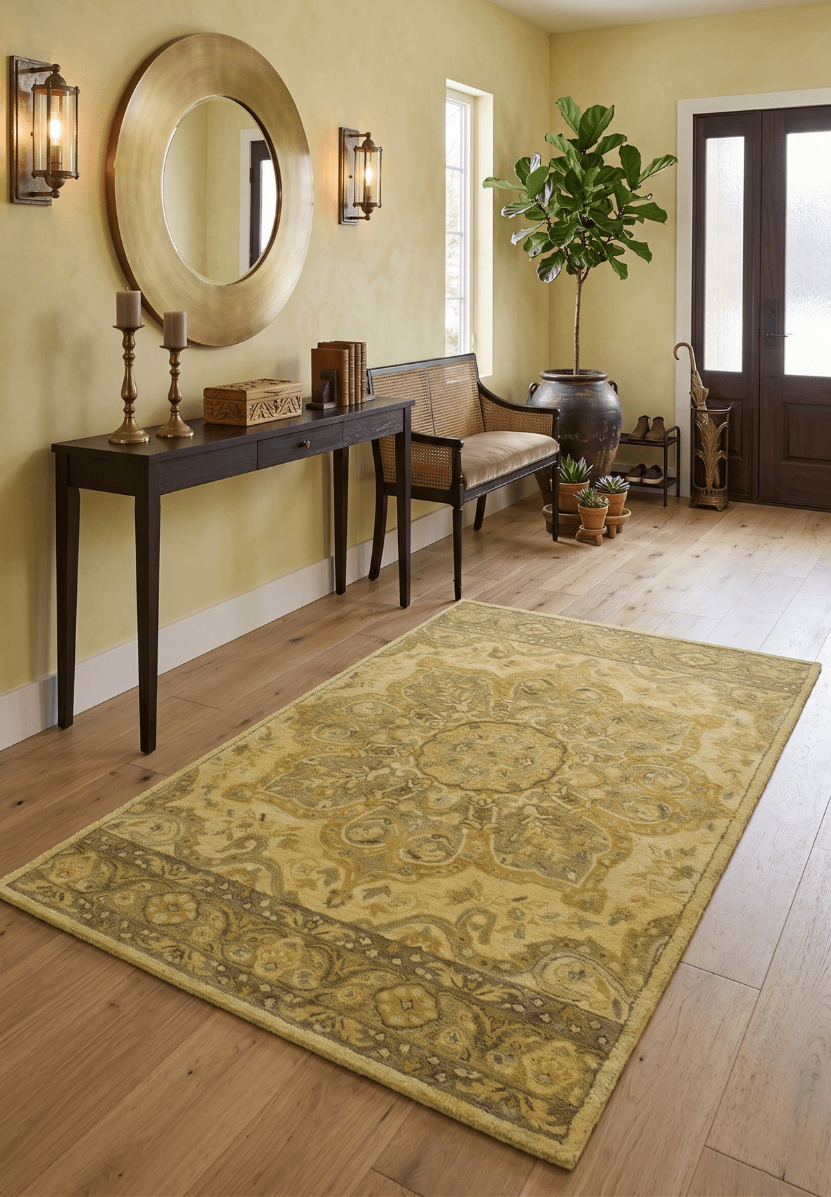 Gold Traditional Floral Design Hand Tufted Overdyed Wool Area Rug.