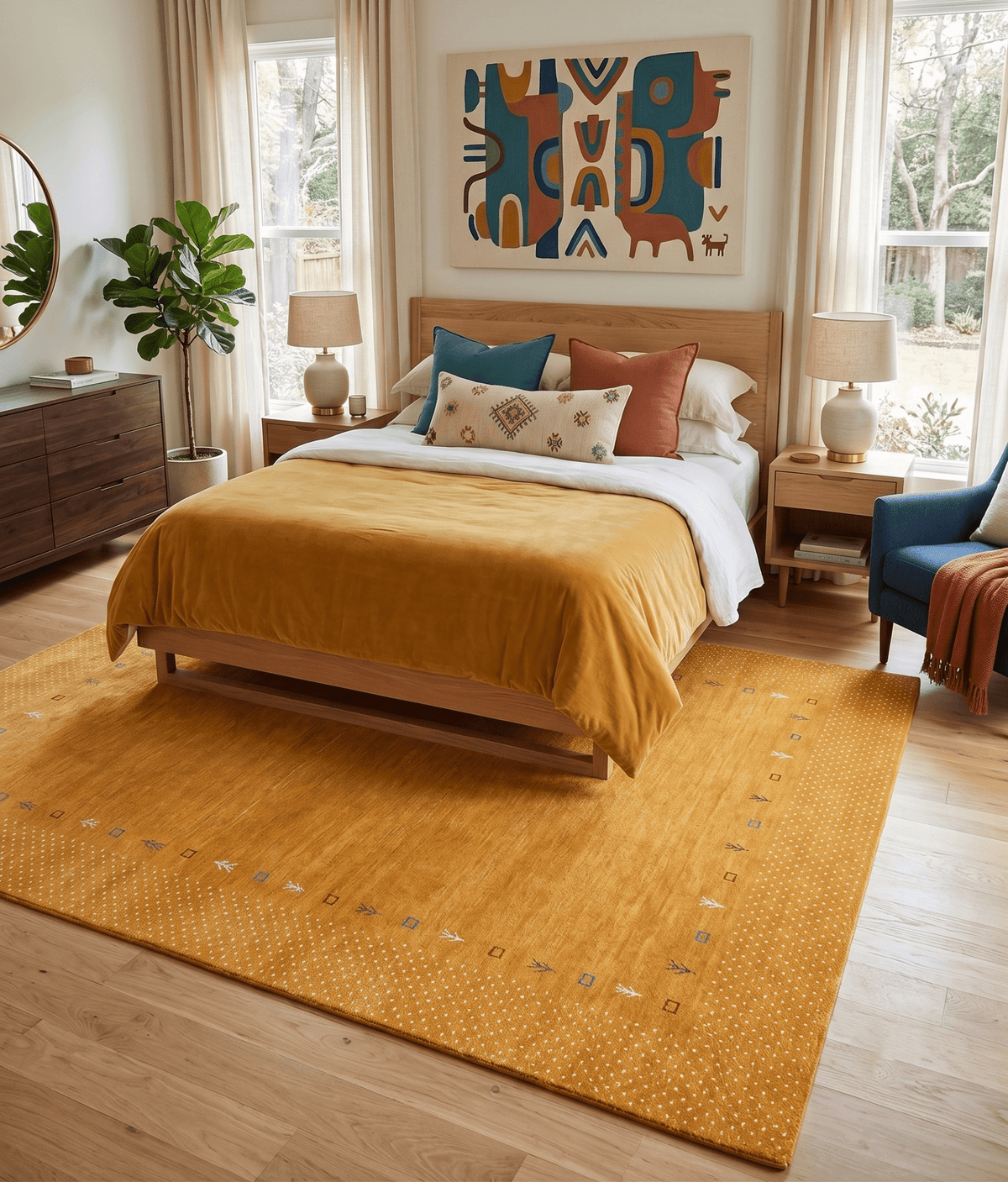Gold Tribal Border Design Hand Loomed Wool Area Rug.