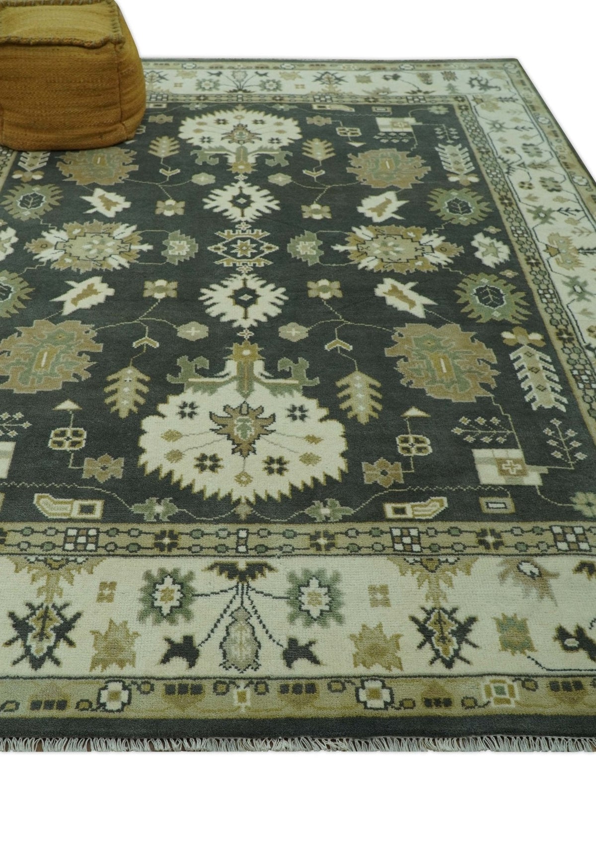Gray And Beige Oushak Hand Knotted Custom Made Wool Rug.
