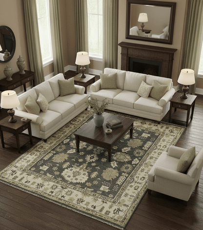Gray And Beige Oushak Hand Knotted Custom Made Wool Rug.
