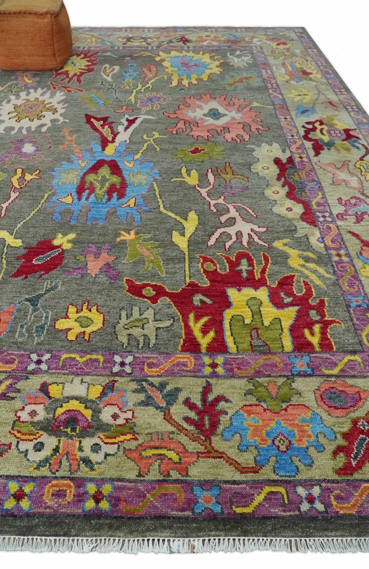 Gray and Olive Wool Colorful Hand knotted Traditional Oushak Multi Size wool Area Rug.