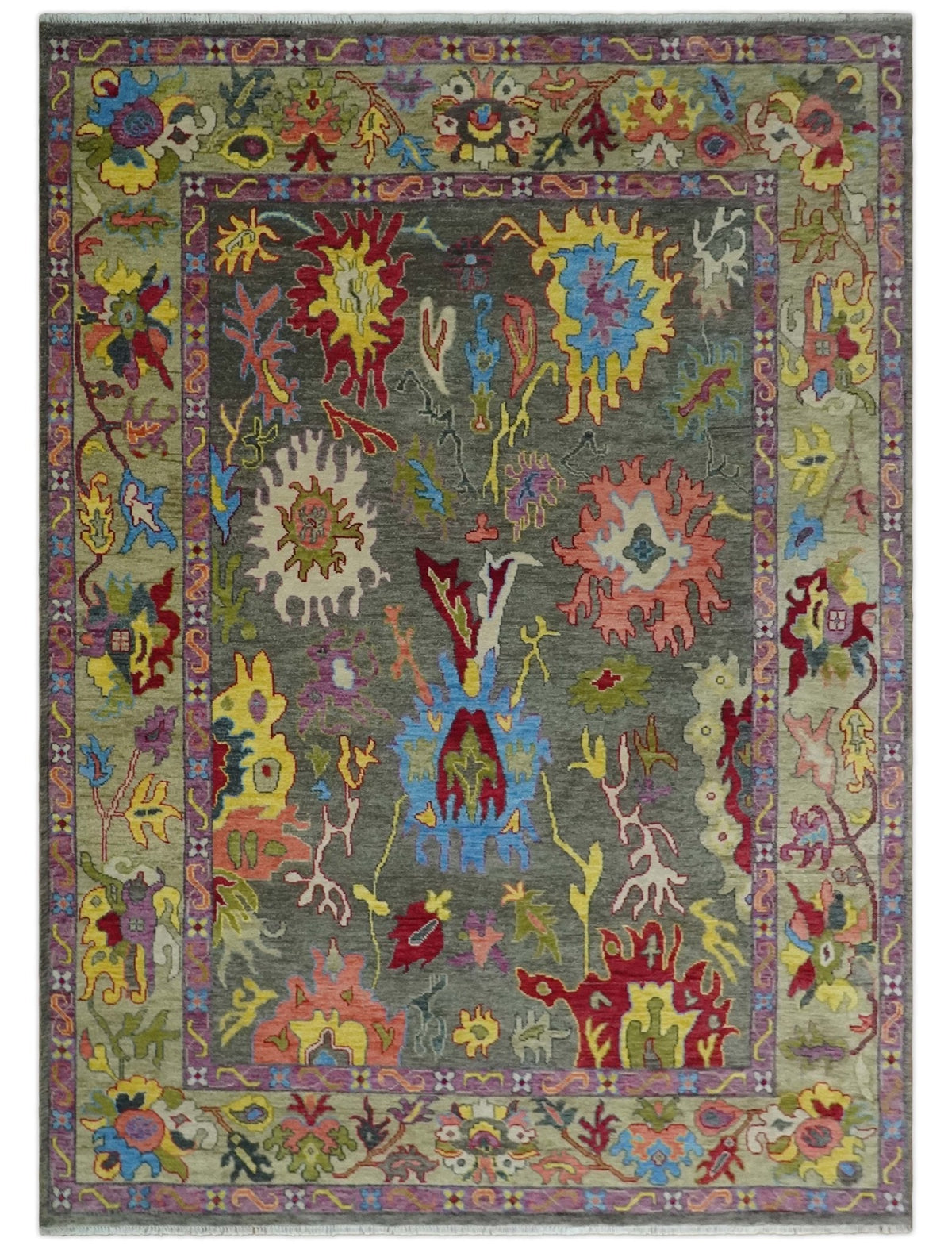 Gray and Olive Wool Colorful Hand knotted Traditional Oushak Multi Size wool Area Rug.