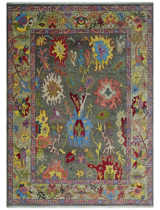 Gray and Olive Wool Colorful Hand knotted Traditional Oushak Multi Size wool Area Rug.