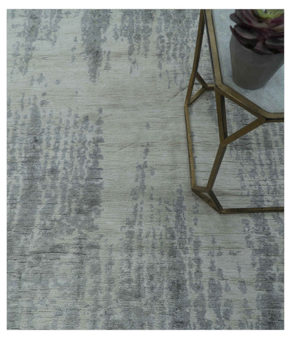 Gray And Silver Modern Abstract Design Hand Knotted Bamboo Silk Area Rug.