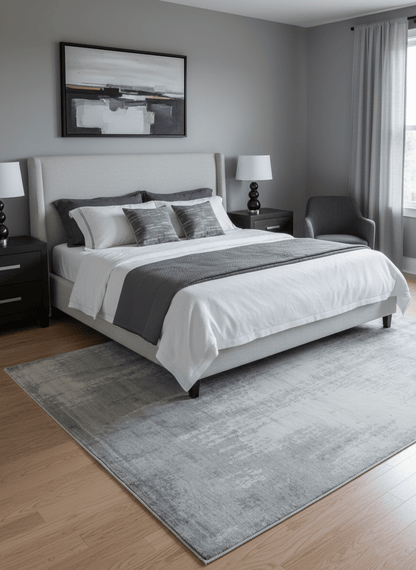 Gray And Silver Modern Abstract Design Hand Knotted Bamboo Silk Area Rug.