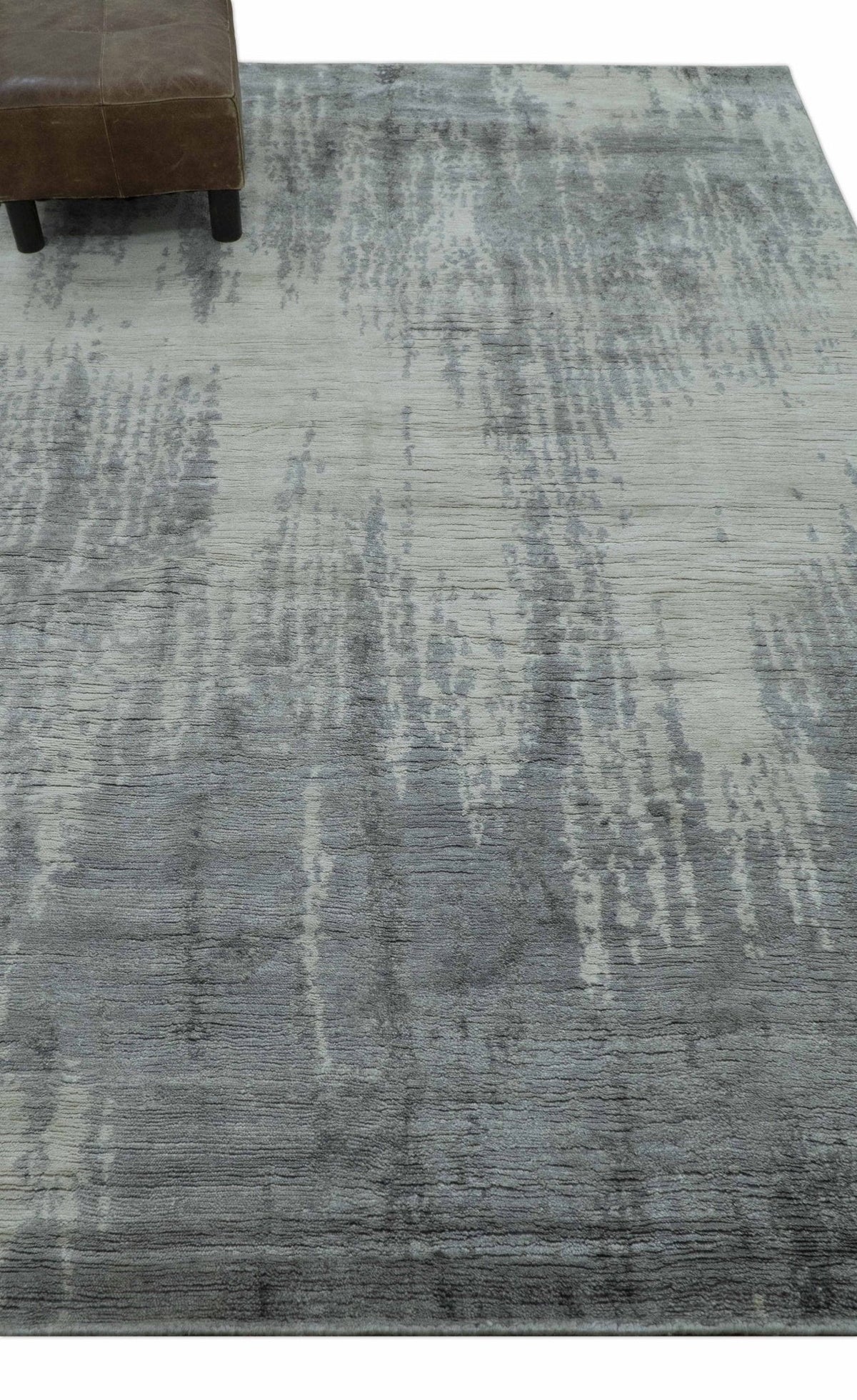 Gray And Silver Modern Abstract Design Hand Knotted Bamboo Silk Area Rug.