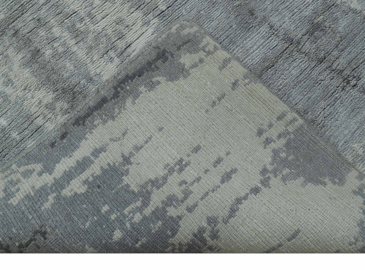 Gray And Silver Modern Abstract Design Hand Knotted Bamboo Silk Area Rug.