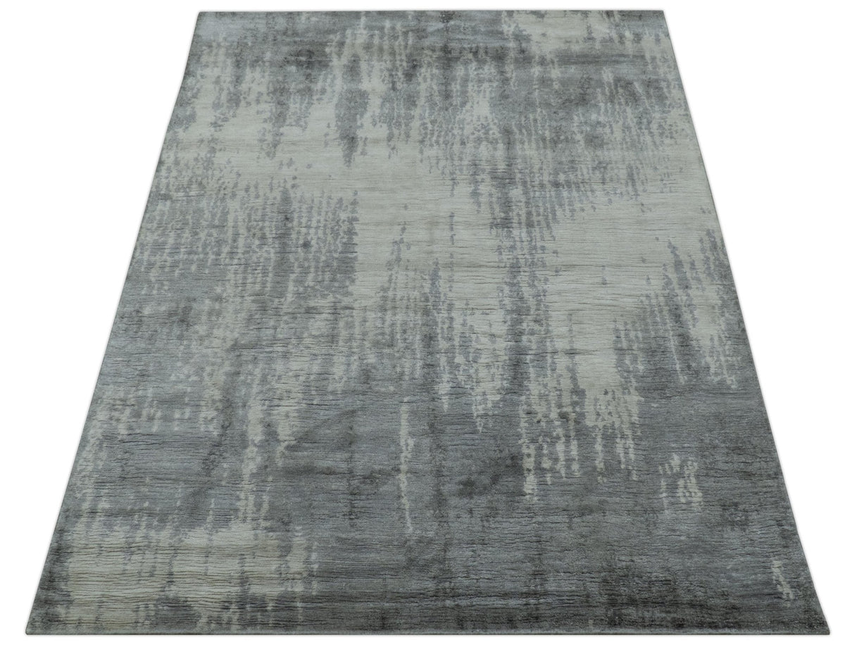 Gray And Silver Modern Abstract Design Hand Knotted Bamboo Silk Area Rug.
