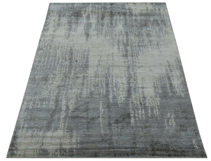 Gray And Silver Modern Abstract Design Hand Knotted Bamboo Silk Area Rug.