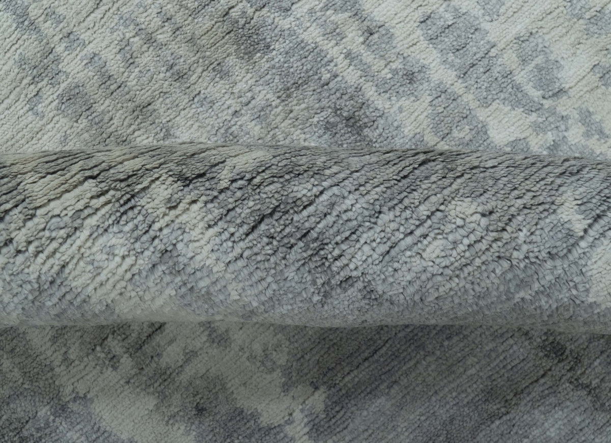 Gray And Silver Modern Abstract Design Hand Knotted Bamboo Silk Area Rug.