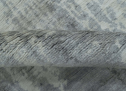 Gray And Silver Modern Abstract Design Hand Knotted Bamboo Silk Area Rug.