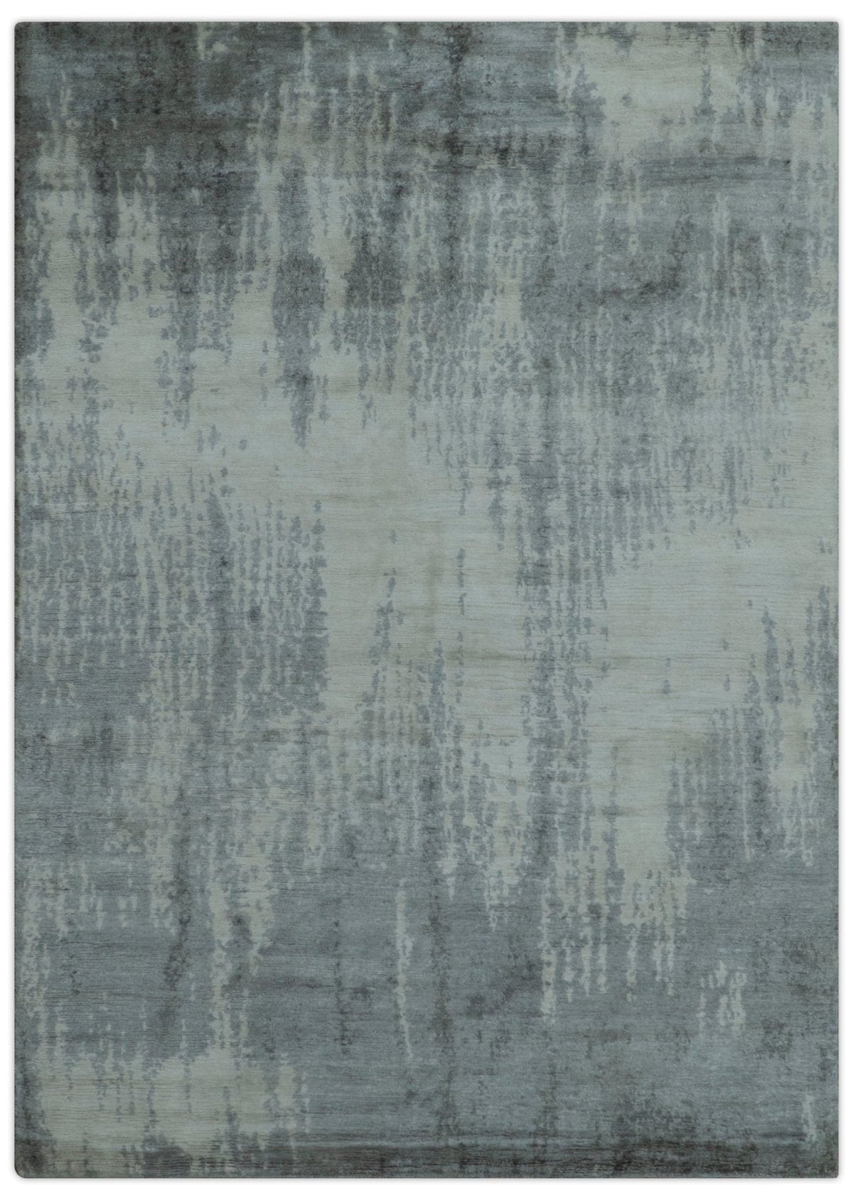 Gray And Silver Modern Abstract Design Hand Knotted Bamboo Silk Area Rug.