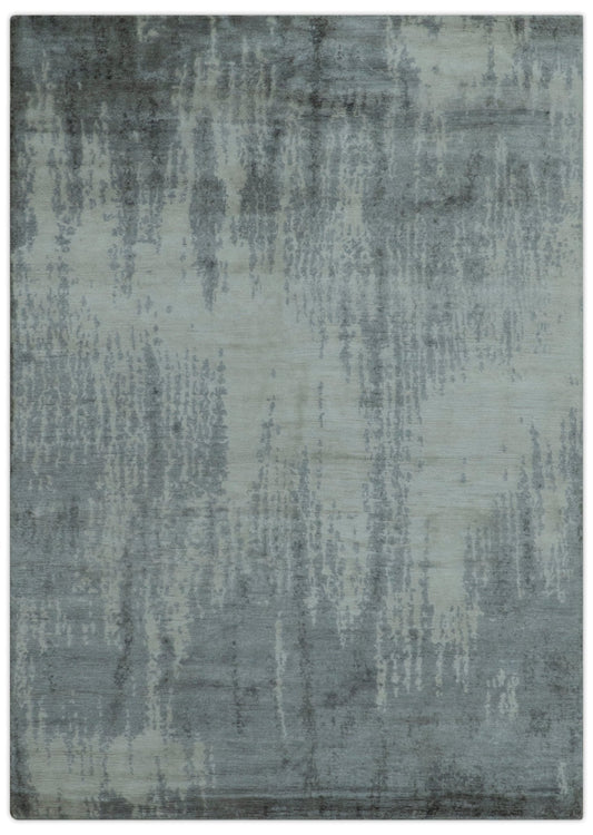 Gray And Silver Modern Abstract Design Hand Knotted Bamboo Silk Area Rug.