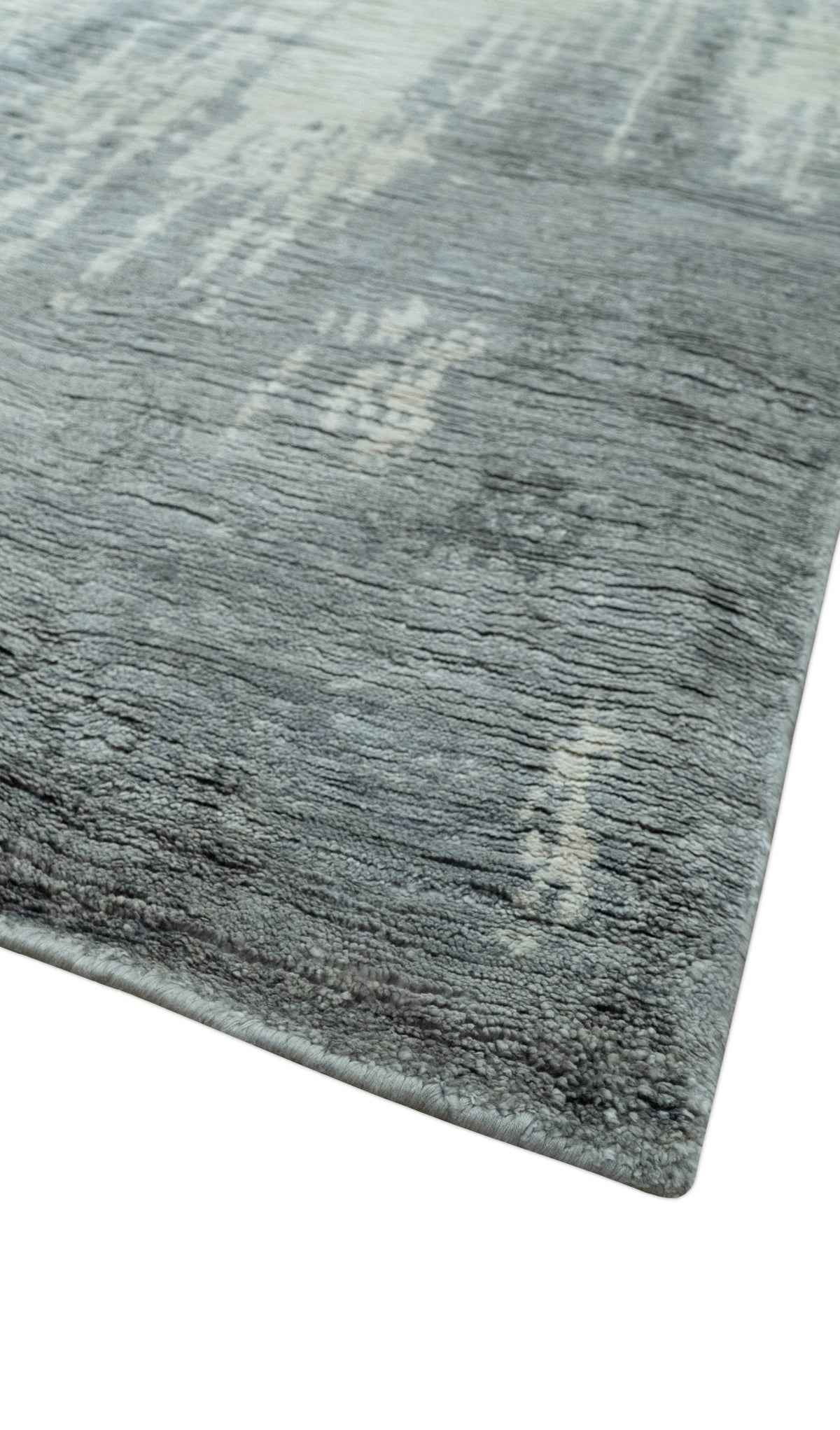 Gray And Silver Modern Abstract Design Hand Knotted Bamboo Silk Area Rug.