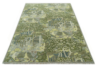 Green And Gray Nature Jungle Hand Knotted Custom Made wool area rug.
