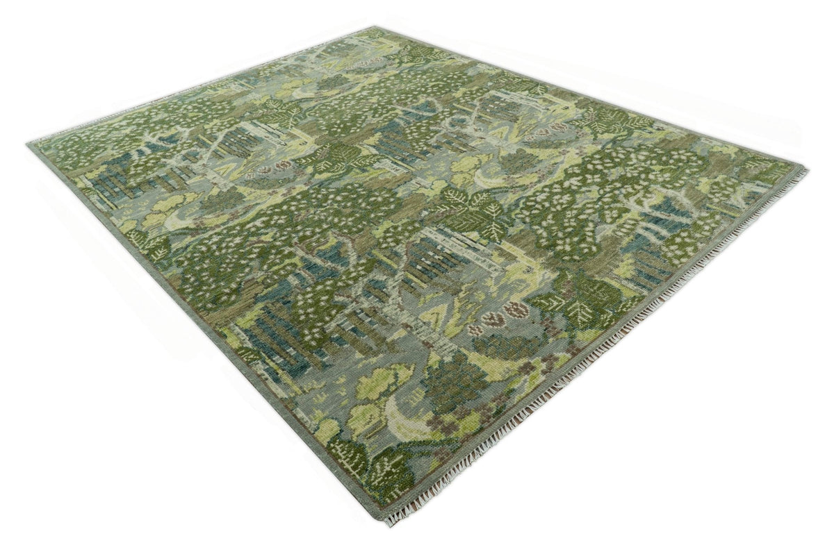 Green And Gray Nature Jungle Hand Knotted Custom Made wool area rug.