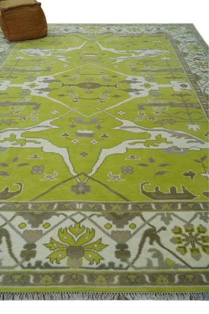 Green and Ivory Hand knotted Oriental Oushak Multi Size wool Area Rug.