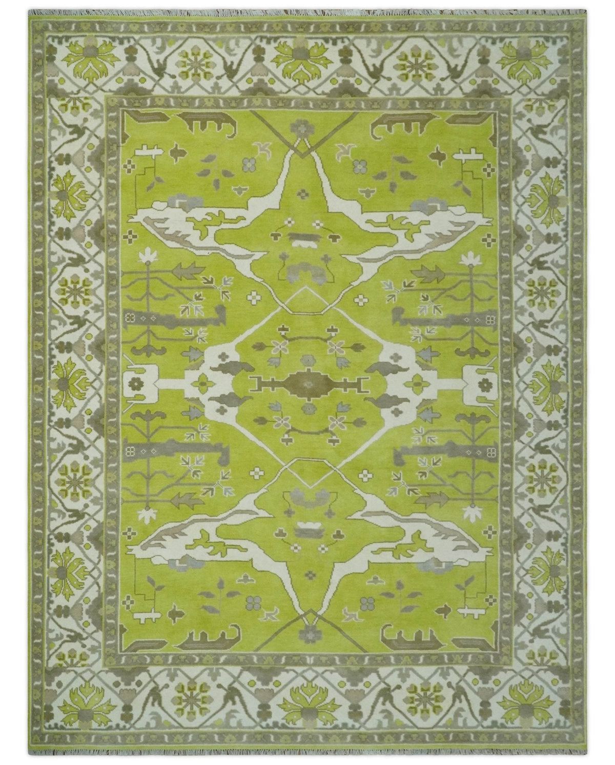 Green and Ivory Hand knotted Oriental Oushak Multi Size wool Area Rug.