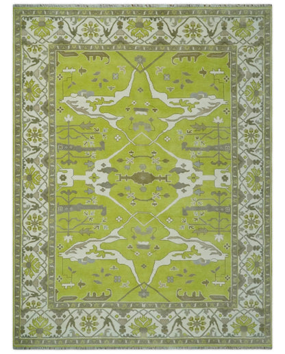 Green and Ivory Hand knotted Oriental Oushak Multi Size wool Area Rug.