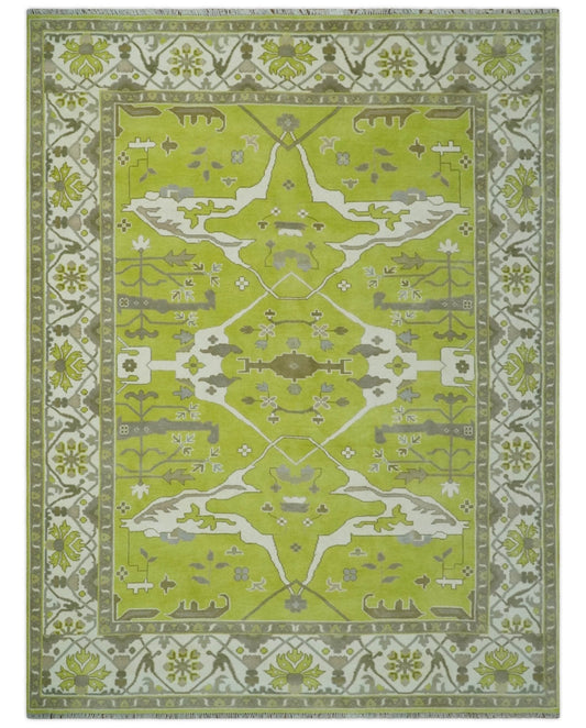 Green and Ivory Hand knotted Oriental Oushak Multi Size wool Area Rug.