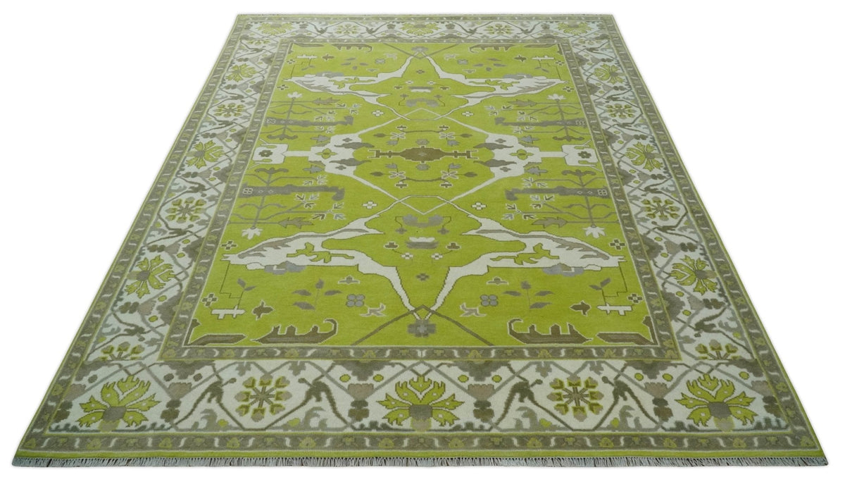 Green and Ivory Hand knotted Oriental Oushak Multi Size wool Area Rug.