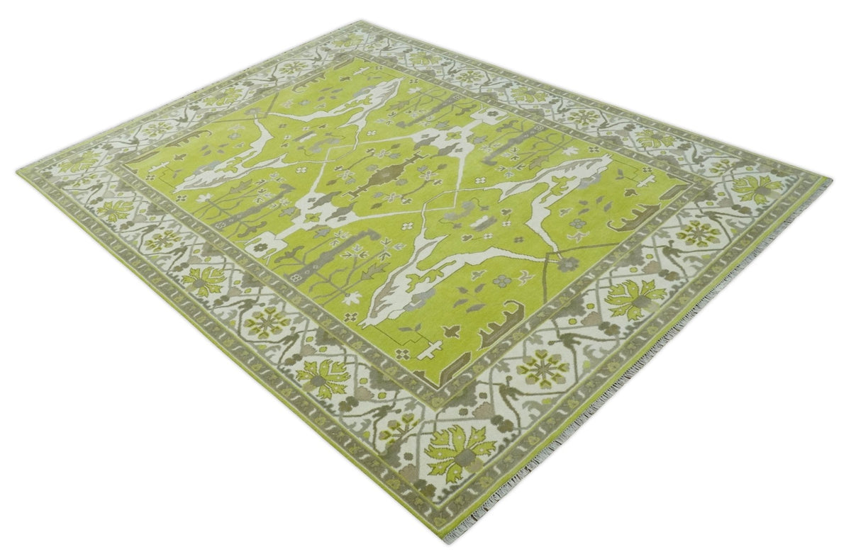Green and Ivory Hand knotted Oriental Oushak Multi Size wool Area Rug.