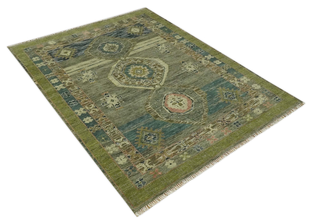 Green and Teal Traditional Hand Knotted Custom Made wool area rug.