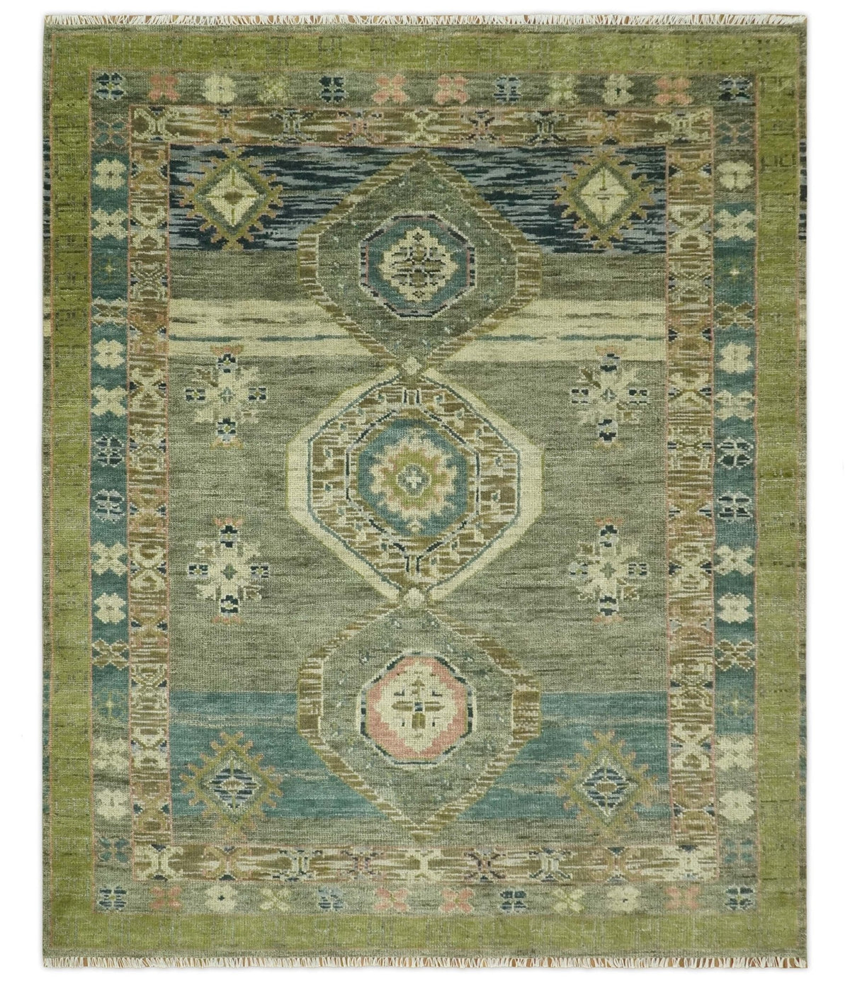 Green and Teal Traditional Hand Knotted Custom Made wool area rug.