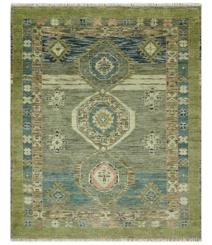 Green and Teal Traditional Hand Knotted Custom Made wool area rug.