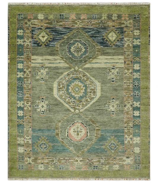 Green and Teal Traditional Hand Knotted Custom Made wool area rug.