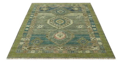 Green and Teal Traditional Hand Knotted Custom Made wool area rug.