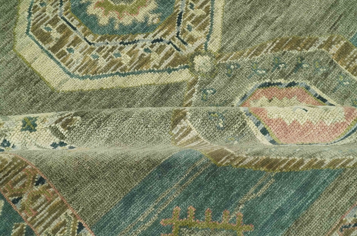 Green and Teal Traditional Hand Knotted Custom Made wool area rug.