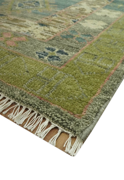 Green and Teal Traditional Hand Knotted Custom Made wool area rug.