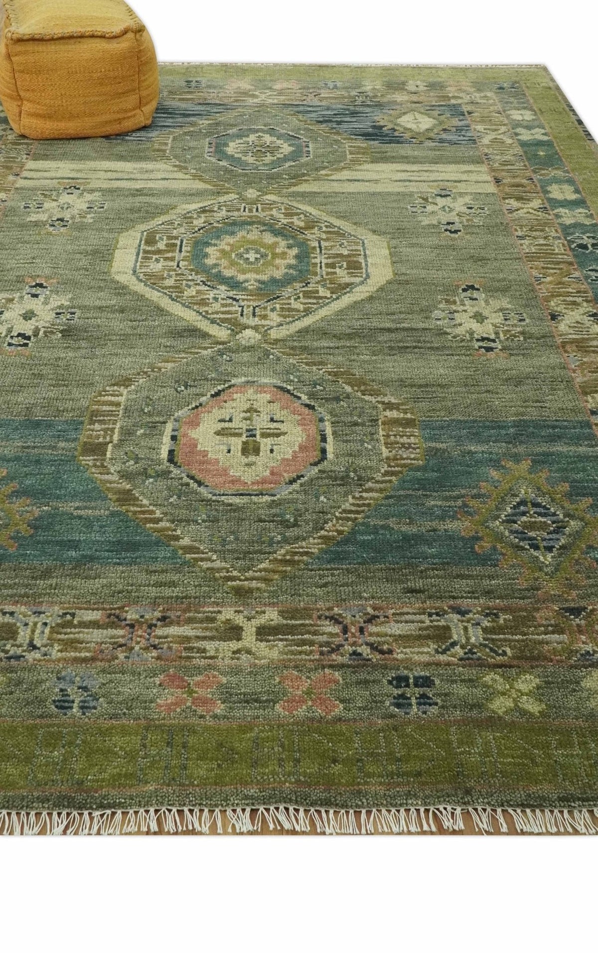 Green and Teal Traditional Hand Knotted Custom Made wool area rug.