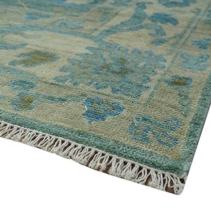 Green, Beige and Blue Hand knotted Traditional Oushak Multi Size Wool Area Rug.