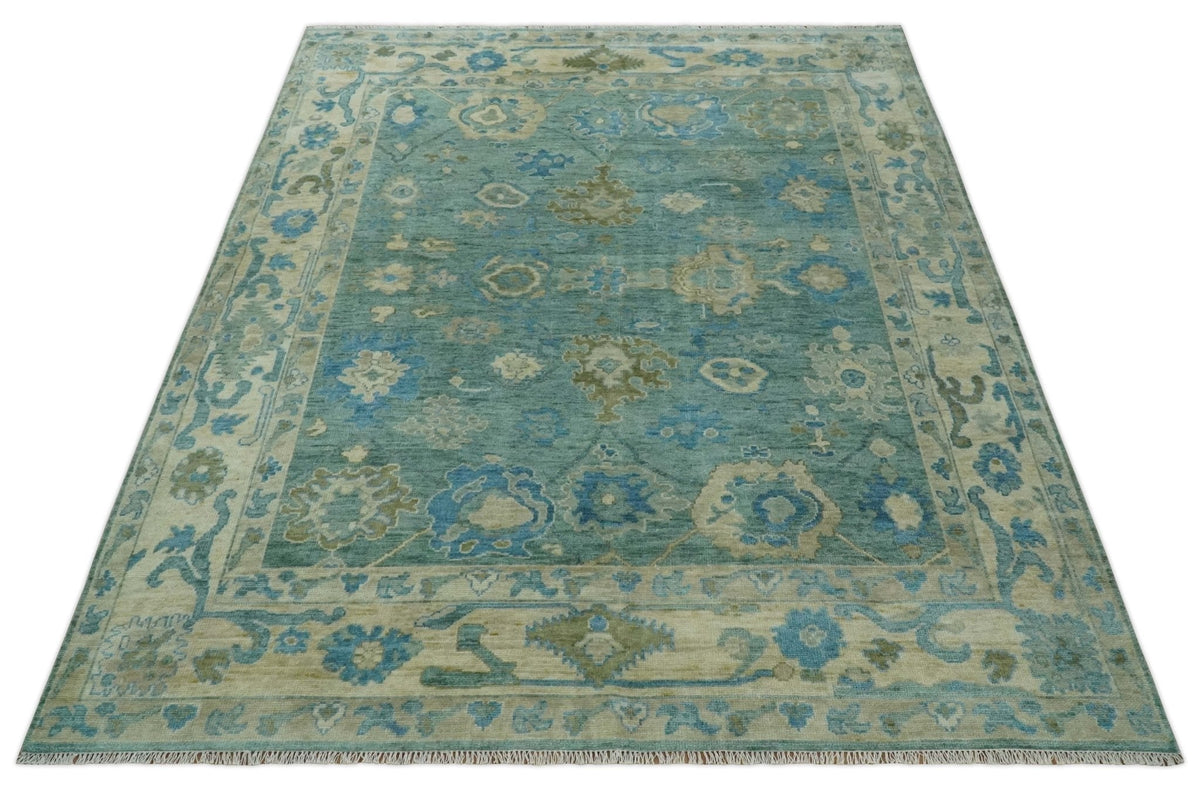 Green, Beige and Blue Hand knotted Traditional Oushak Multi Size Wool Area Rug.