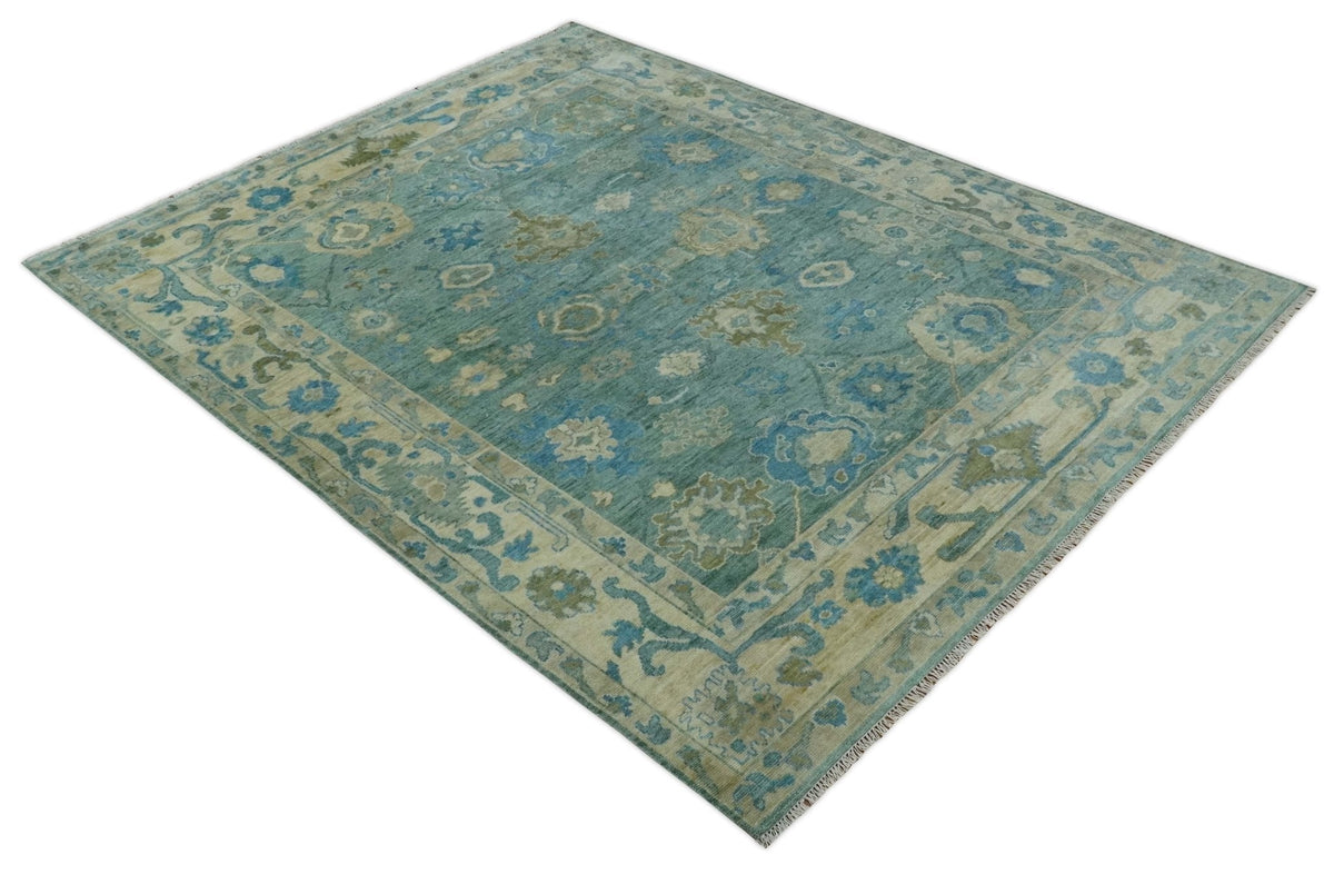 Green, Beige and Blue Hand knotted Traditional Oushak Multi Size Wool Area Rug.