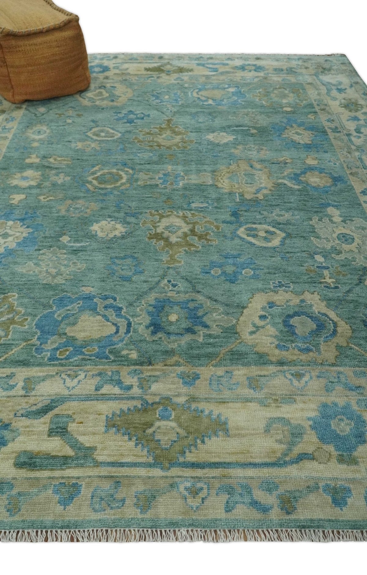 Green, Beige and Blue Hand knotted Traditional Oushak Multi Size Wool Area Rug.